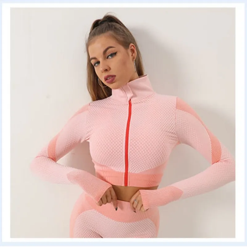 2/3 Pieces Seamless Women Yoga Set Fitness Crop Top Bra Zipper Long Sleeve Jacket High-Waisted Tight Pants Gym Exercise Clothing