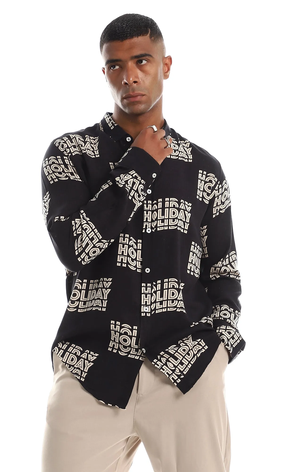 97832 Holiday Printed Royan Button Down Shirt - Black & Beige