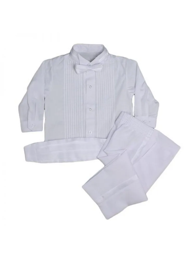 Baby Boys White 5 Pcs Shirt Jacket Pants Bow Tie Cummerbund Tuxedo Set 0-24M