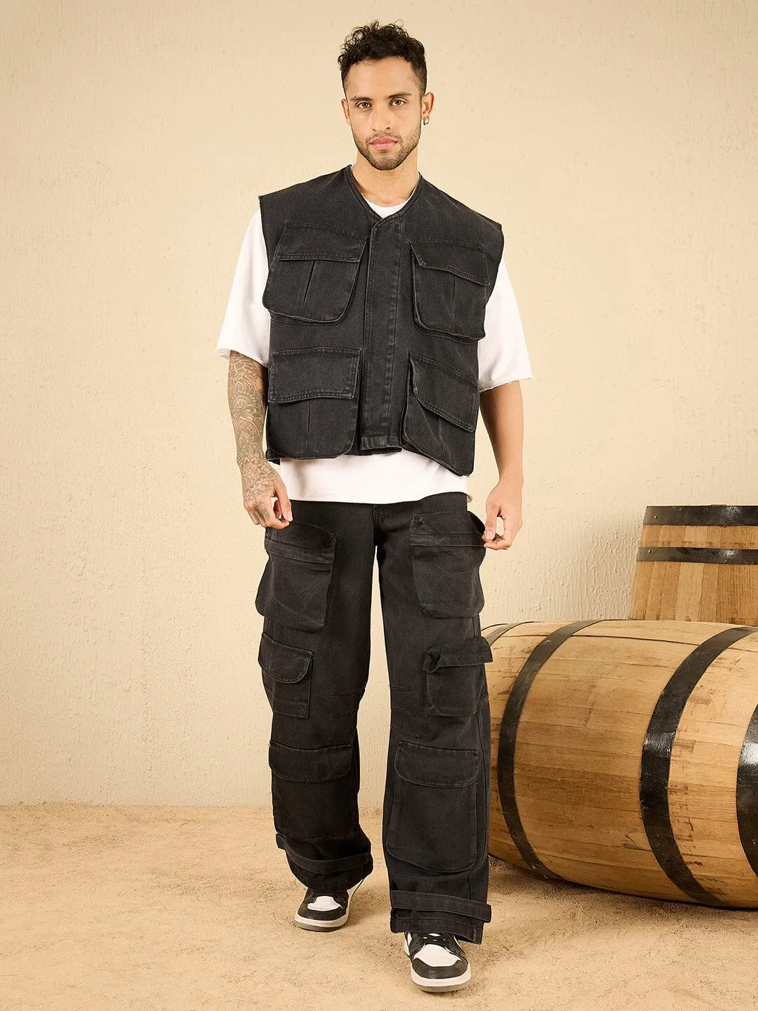 Black Washed Denim Jacket and Pants Clothing Set