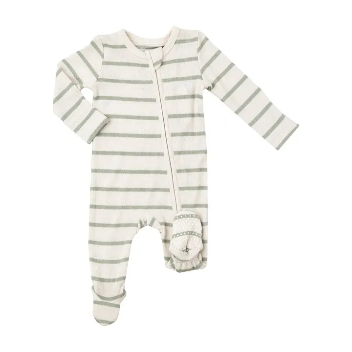 Desert Sage & Sugar Swizzle Rib Stripe Two-Way Zipper Footie by Angel Dear