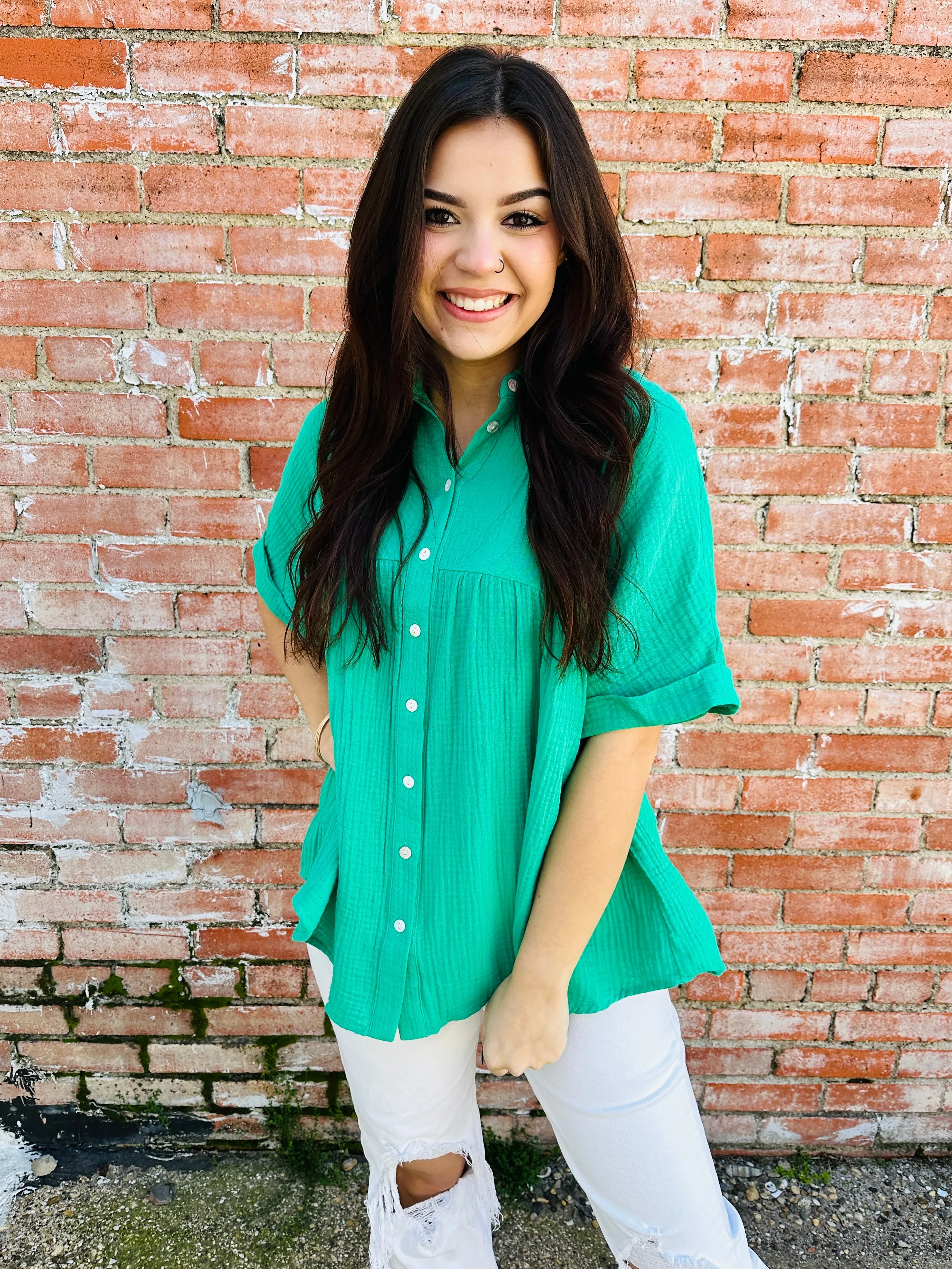 Distracted By You Button Down Babydoll Top  Kelly Green