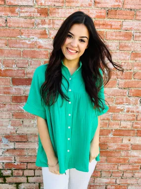 Distracted By You Button Down Babydoll Top  Kelly Green