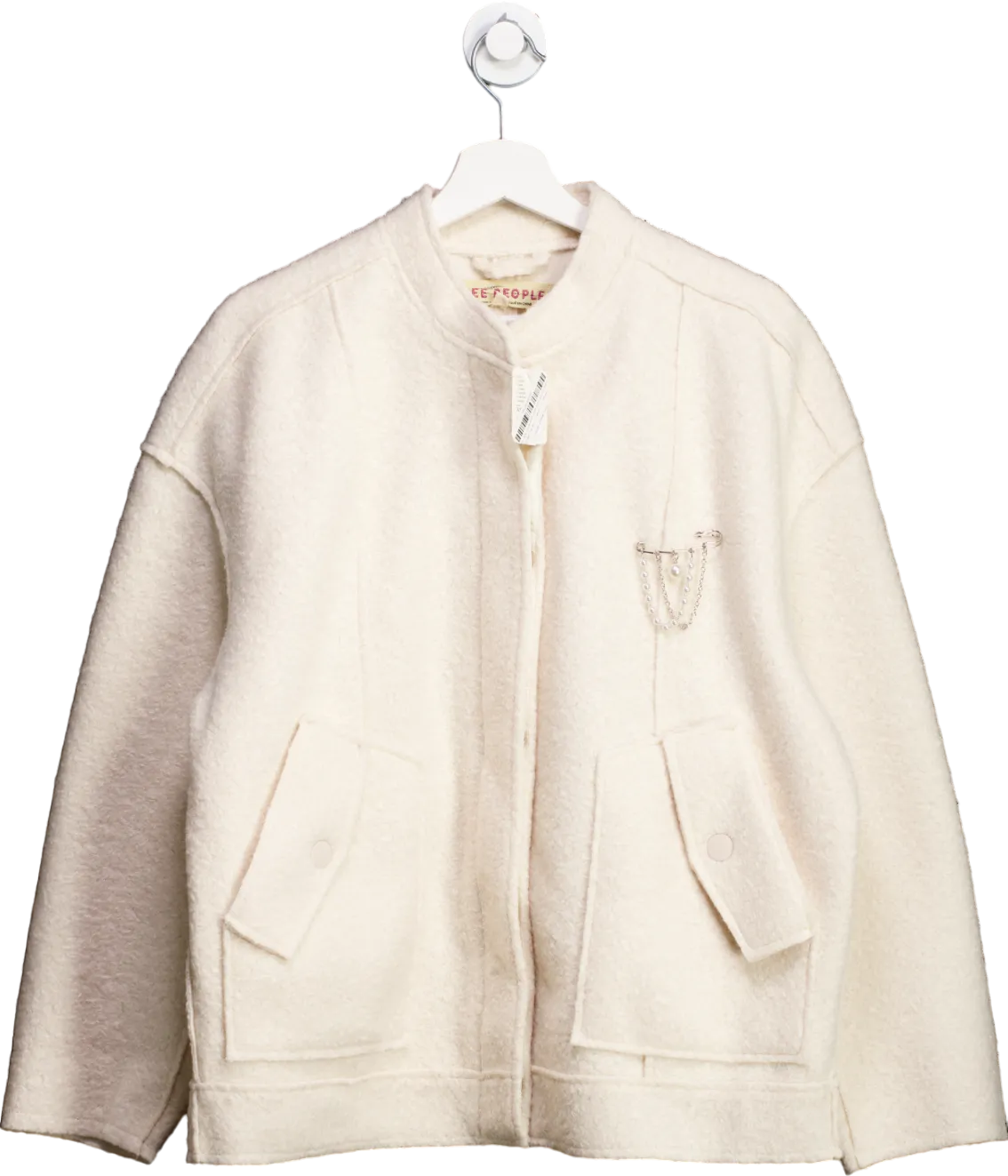 Free People Cream Ivory Boucle Pearl Detali Jacket UK M