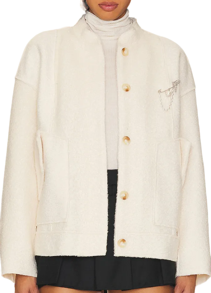 Free People Cream Ivory Boucle Pearl Detali Jacket UK M