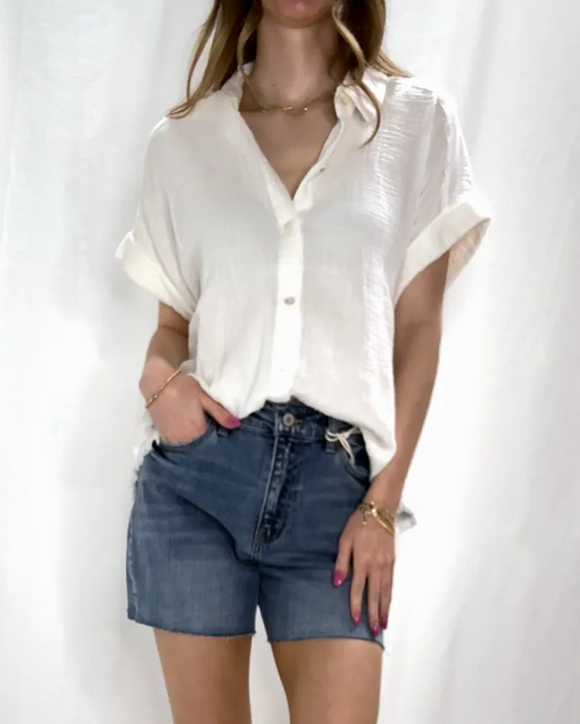 Fringe Hem Button Down Top - White