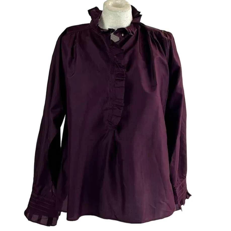 Injiri 400 Plum Topstitched Silk Ruffle Blouse XS/S