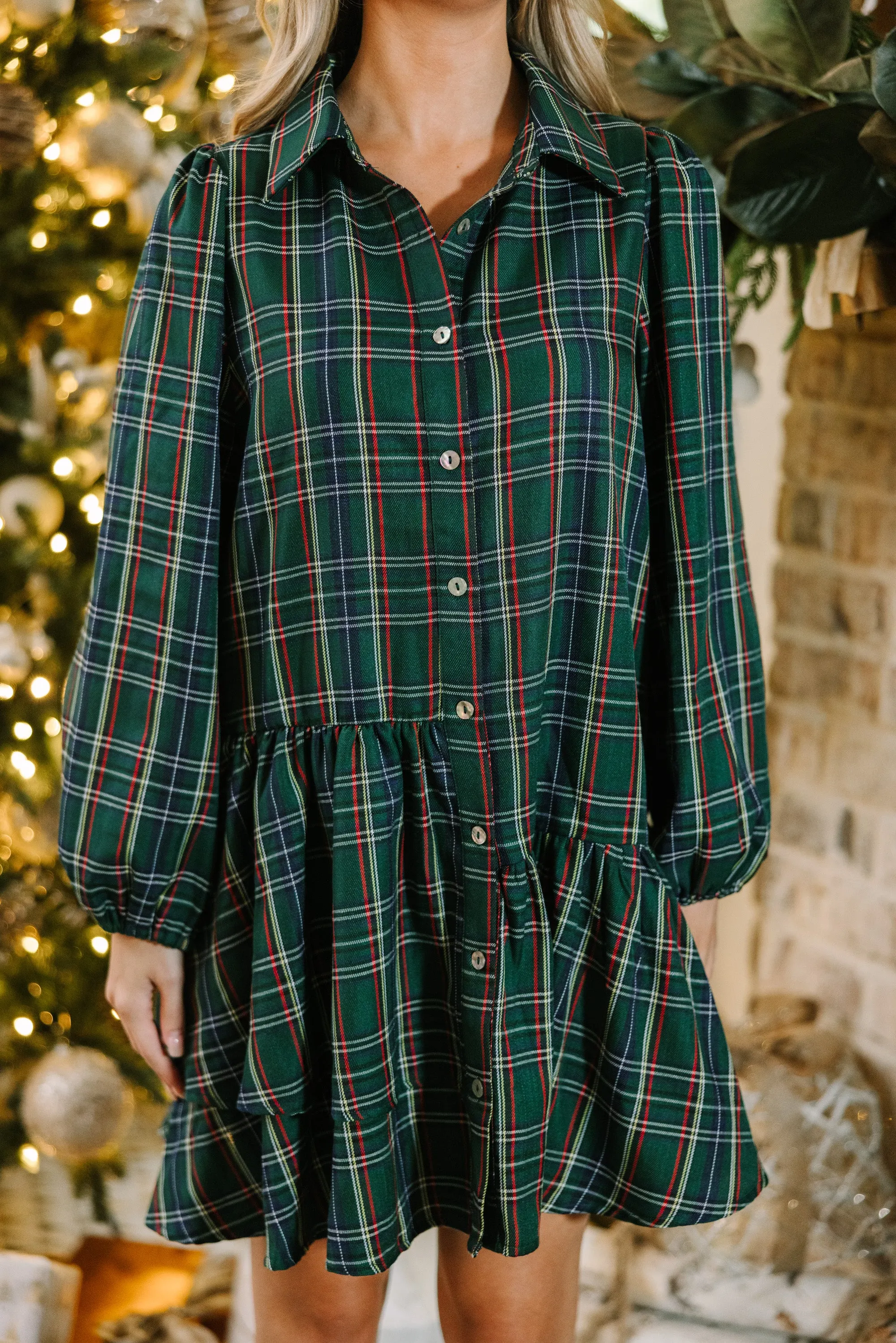 It's Your Place Green Plaid Button Down Dress