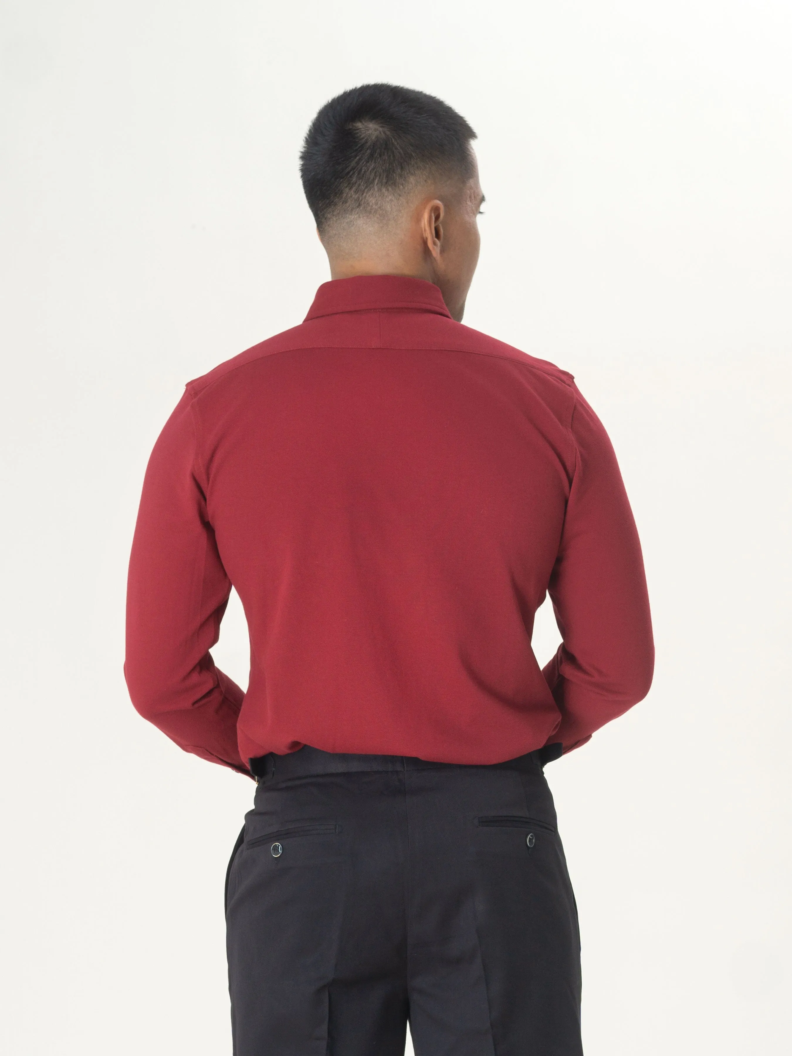 Long Sleeve Polo Shirt - Red Burgundy Button Down