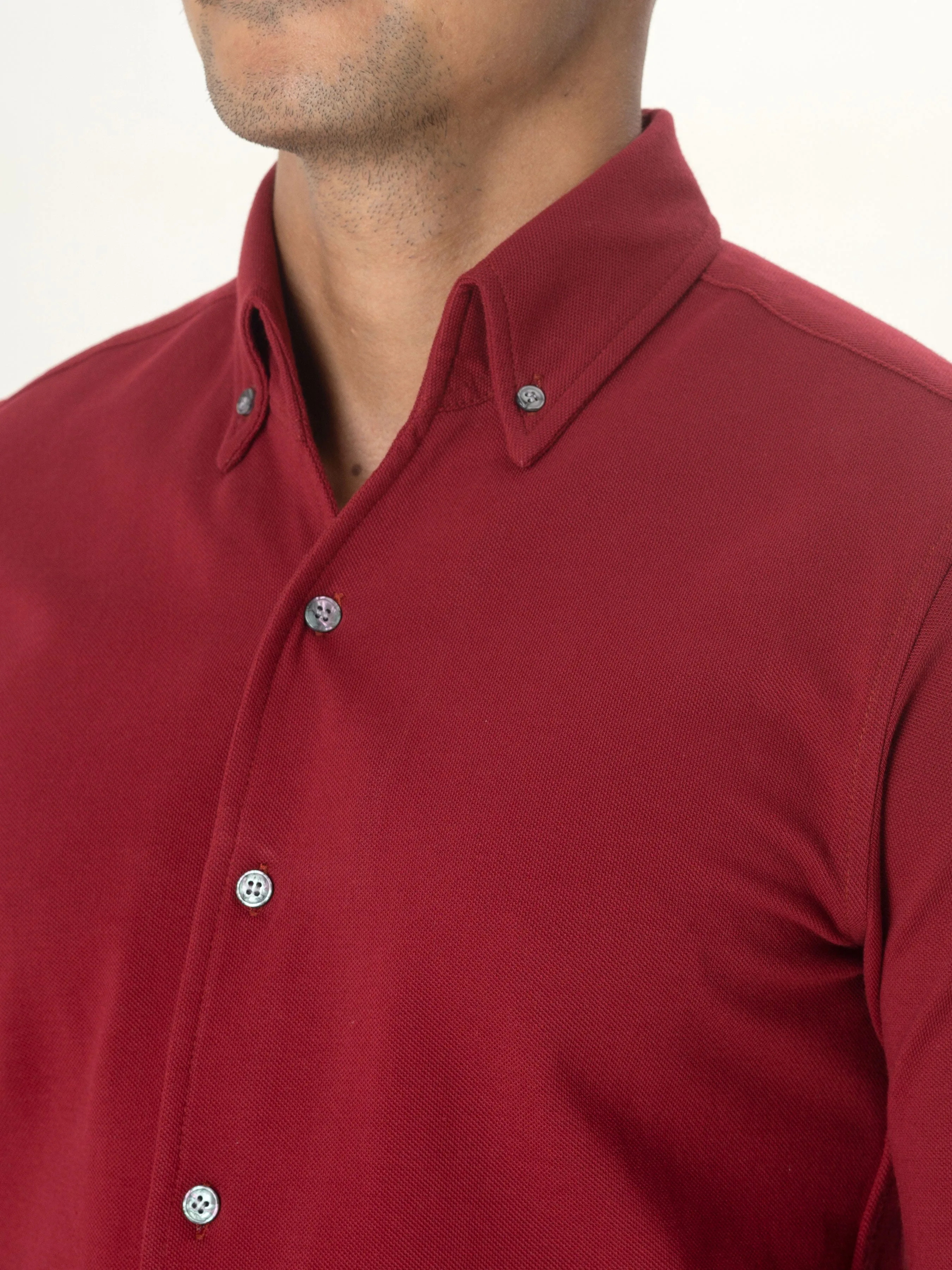 Long Sleeve Polo Shirt - Red Burgundy Button Down