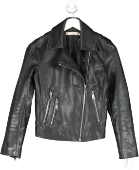 MANGO Black Leather Biker Jacket UK XS