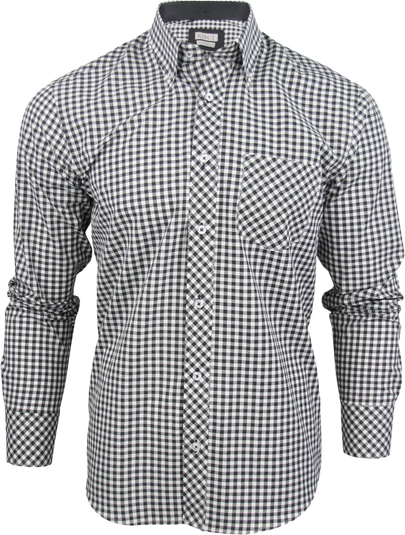 Mens Long Sleeve Gingham Check Shirt Button Down Collar Slim Fit By Xact