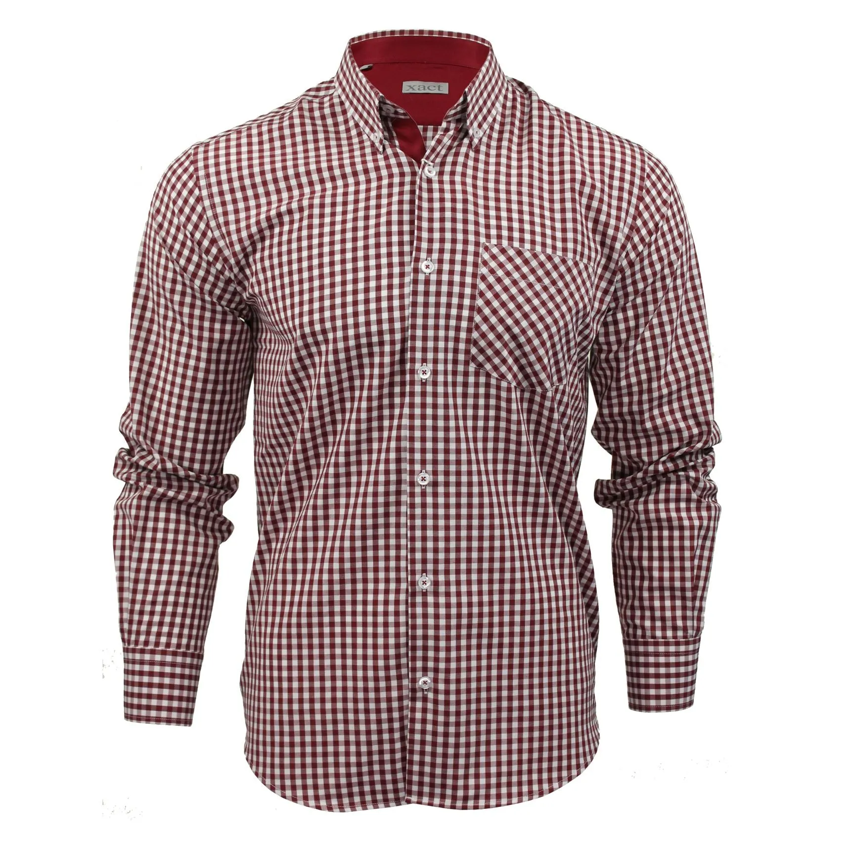 Mens Long Sleeve Gingham Check Shirt Button Down Collar Slim Fit By Xact