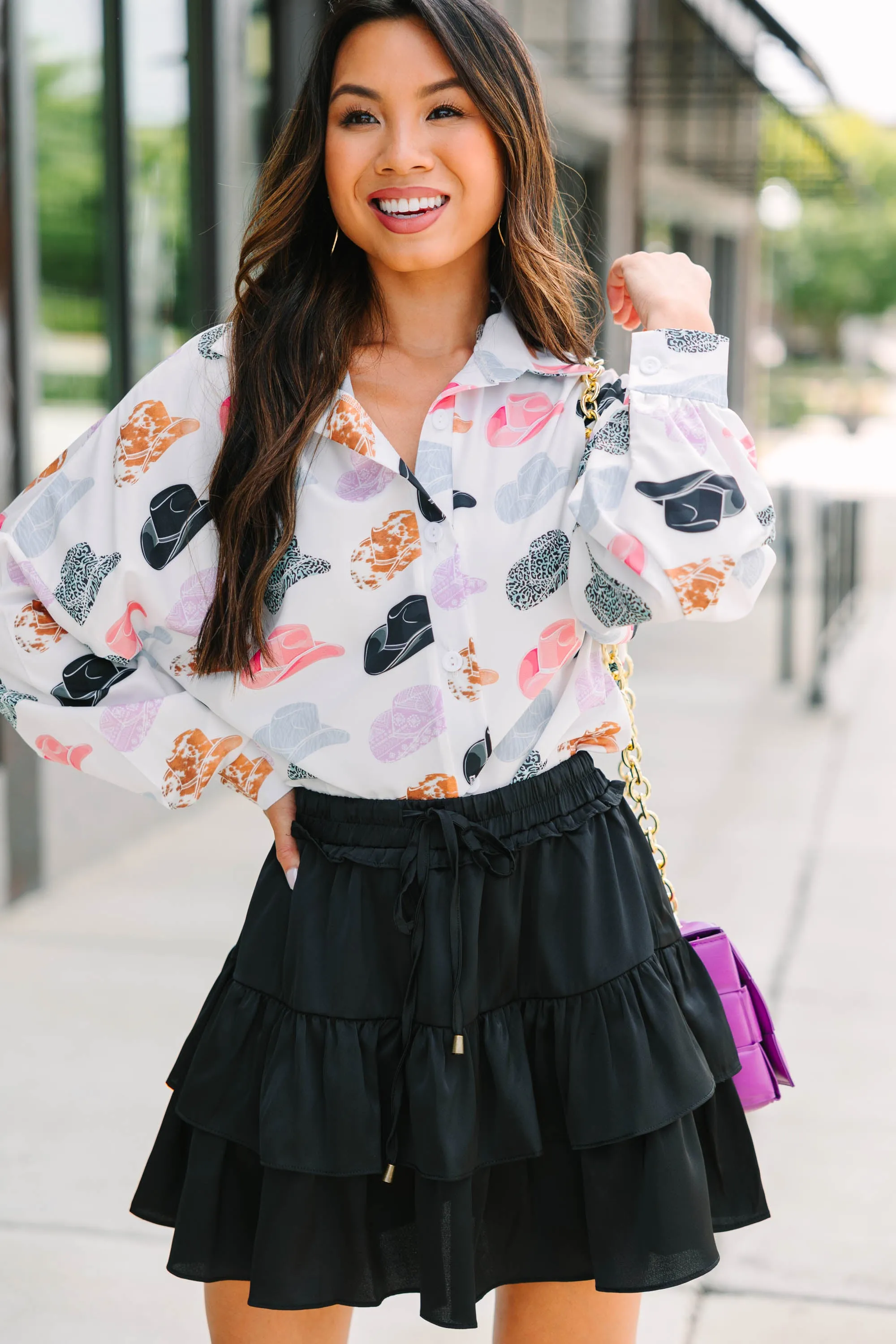 Not My First Rodeo White Cowboy Hat Printed Blouse