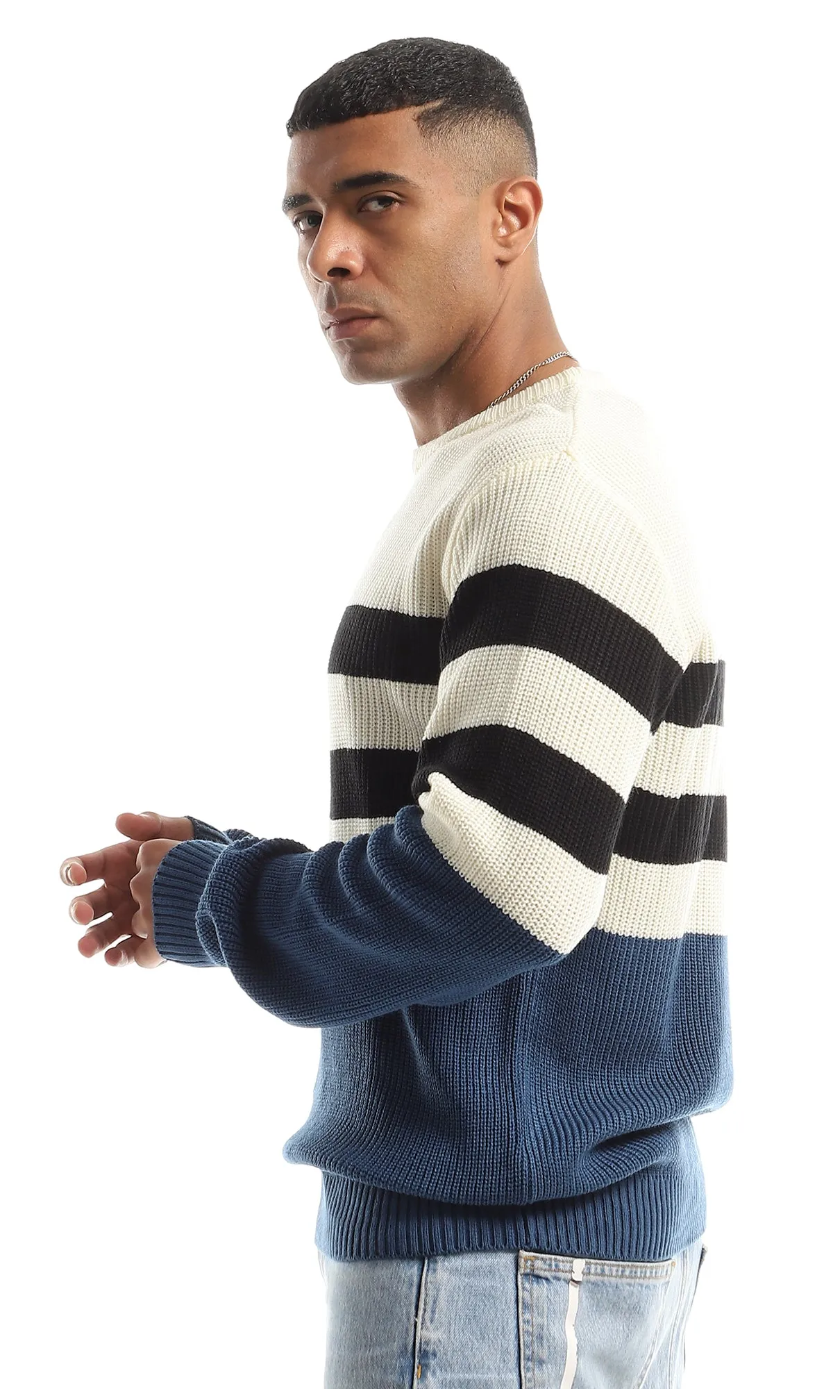 O151311 Navy, Black & Cream Wide Stripes Slip On Pullover