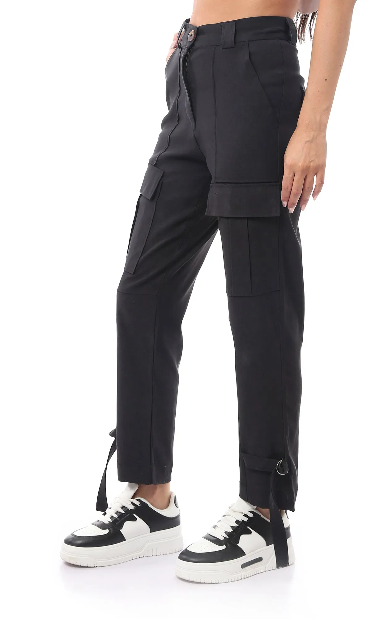 O168796 Polyester Casual Black Fly Zipper Trousers