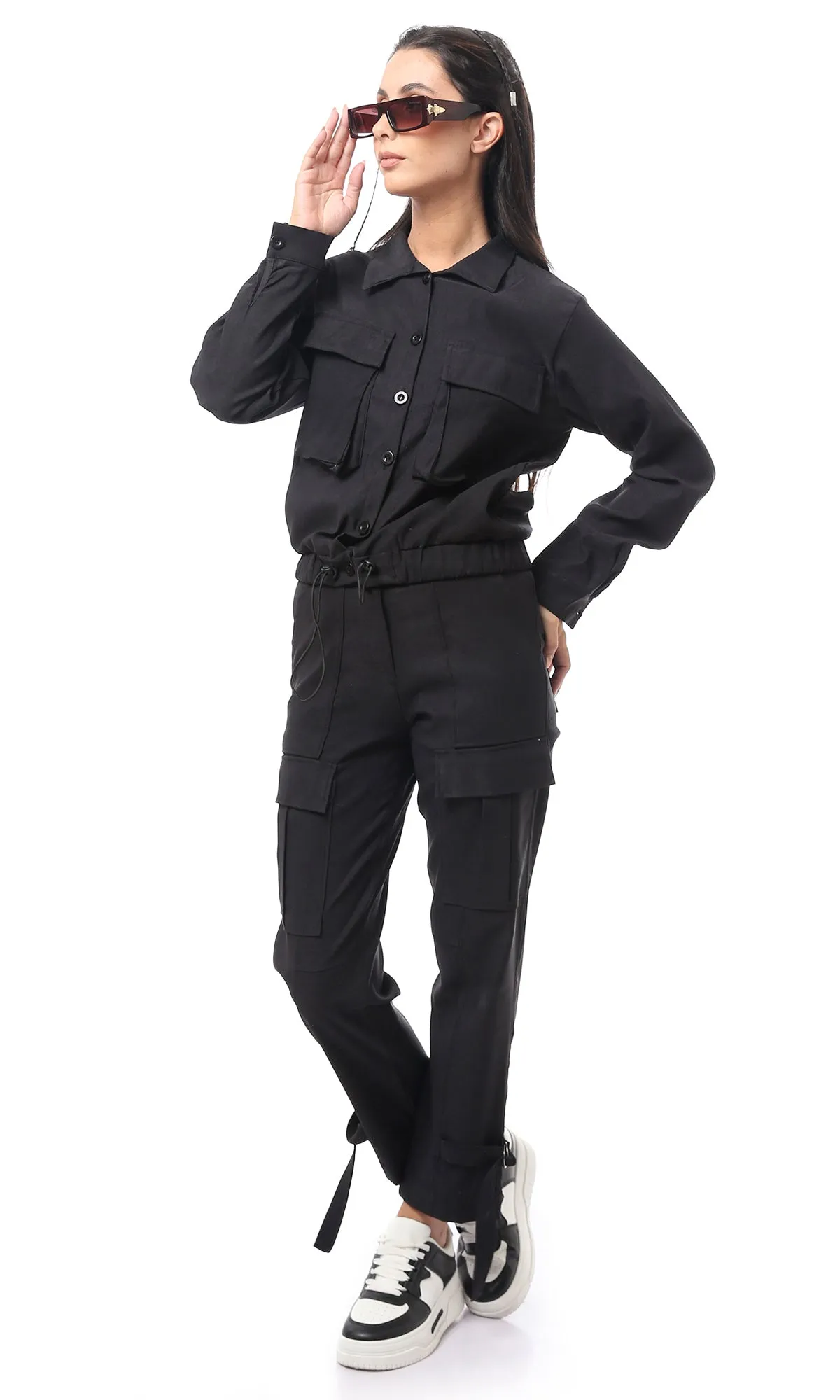 O168796 Polyester Casual Black Fly Zipper Trousers