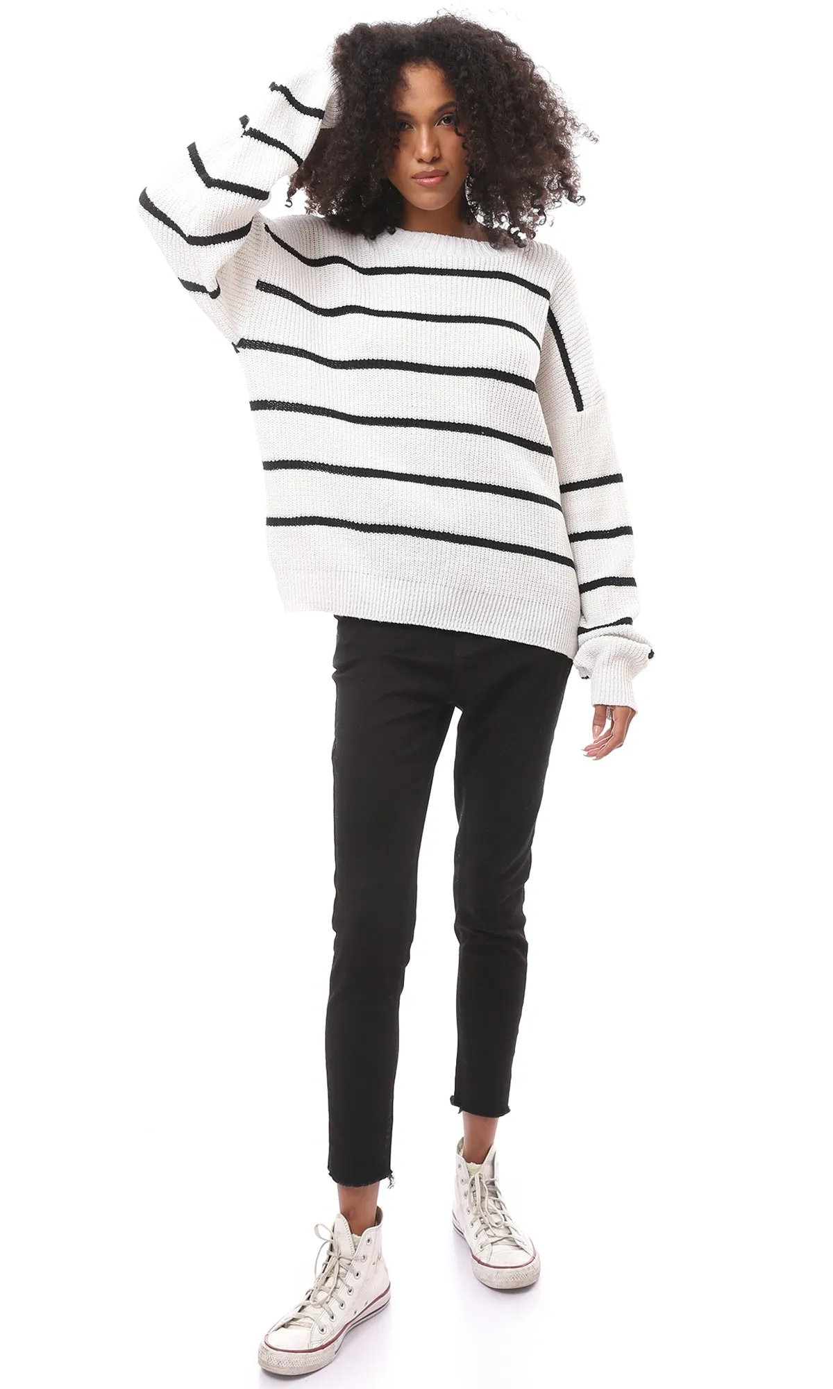 O171372 Off-White Knitted Pullover With Black Stripes