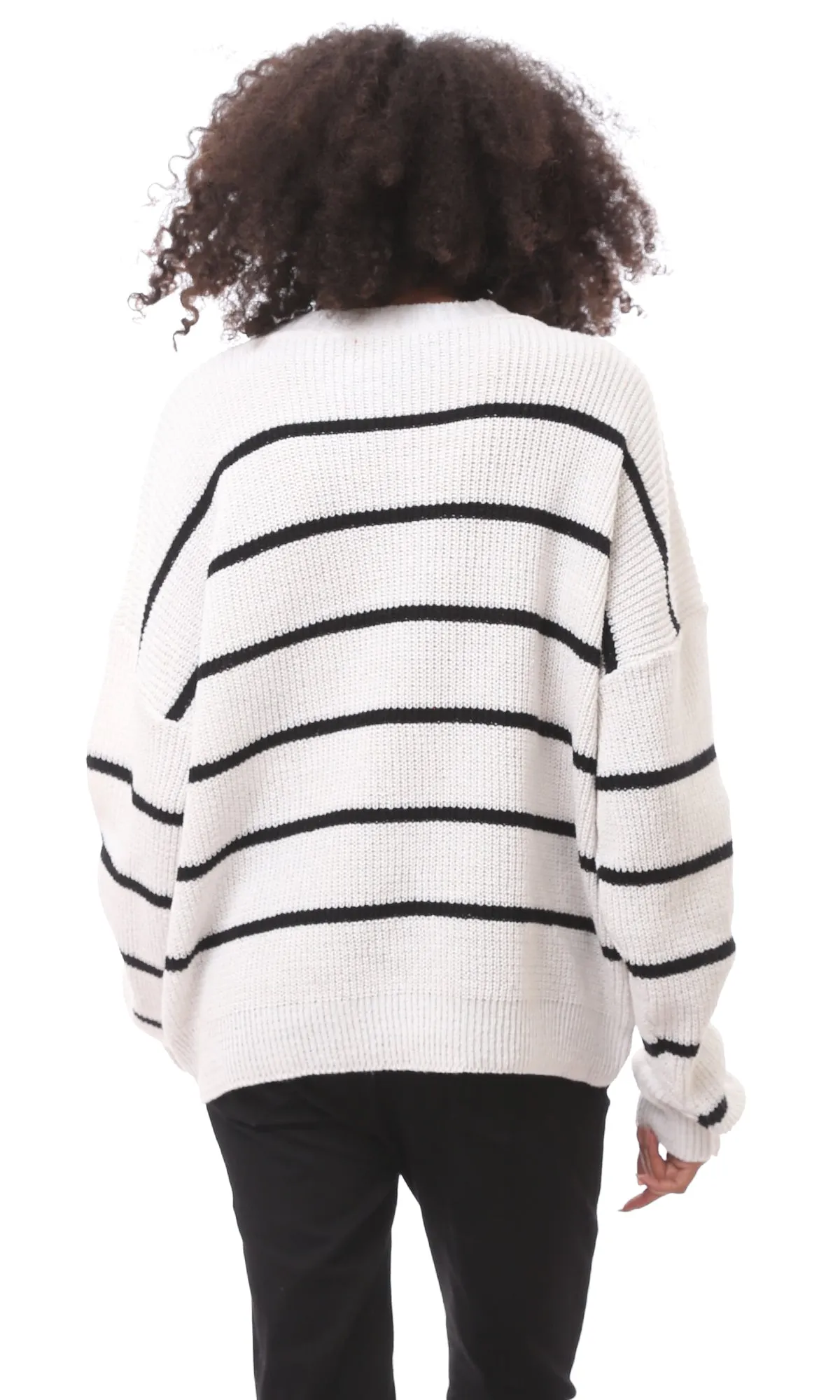 O171372 Off-White Knitted Pullover With Black Stripes