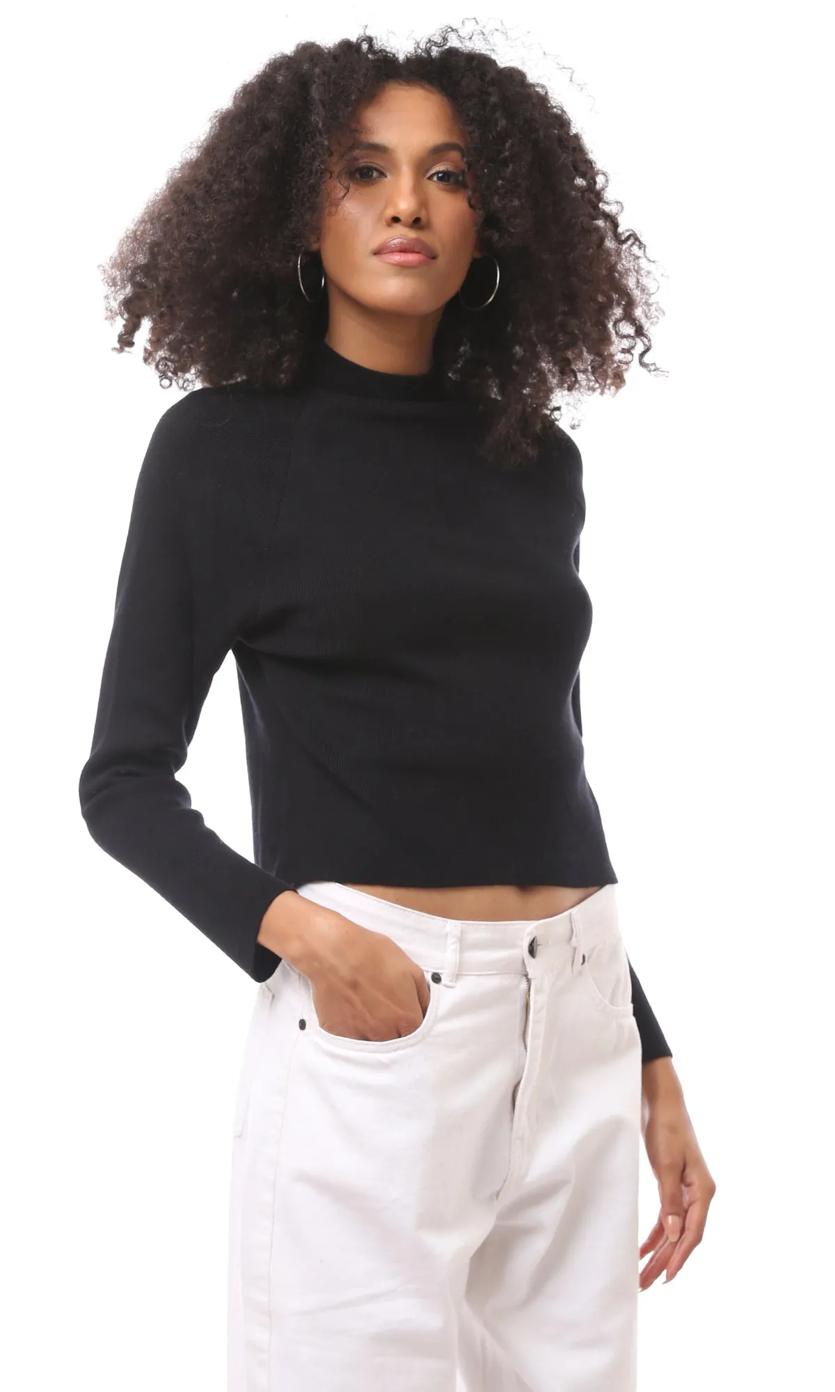 O171606 Black Mock Neck Solid Basic Pullover