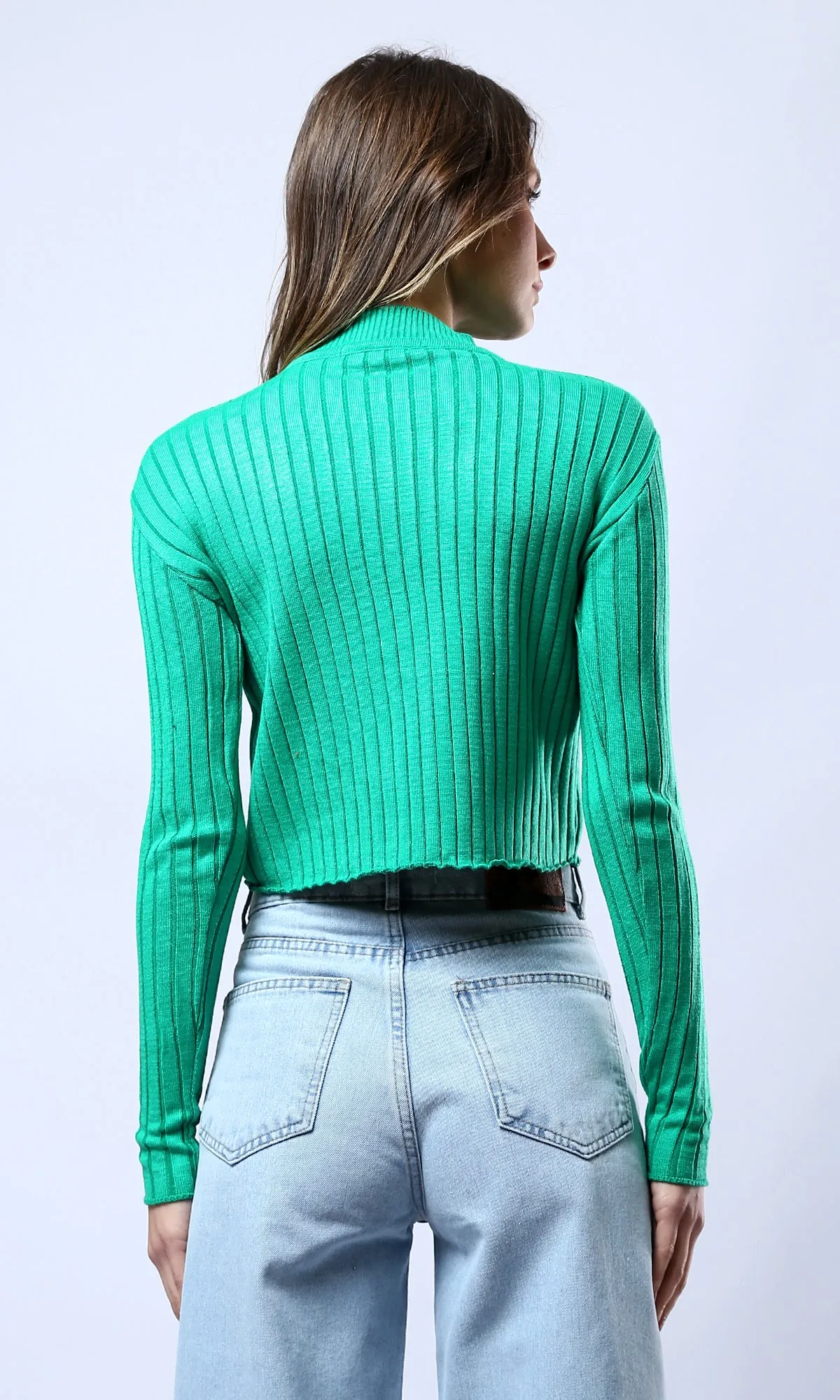 O172563 Green Ribbed Long Sleeves Short Pullover