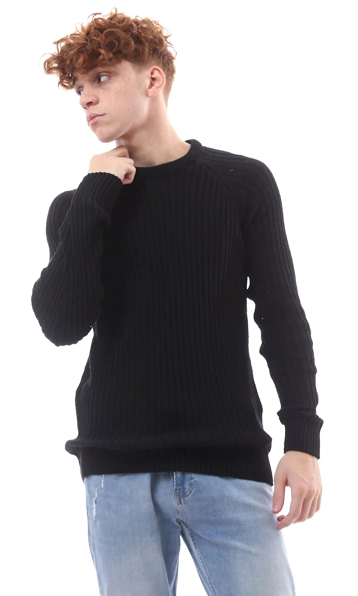 O174076 Ribbed Knit Crew Neck Black Long Pullover