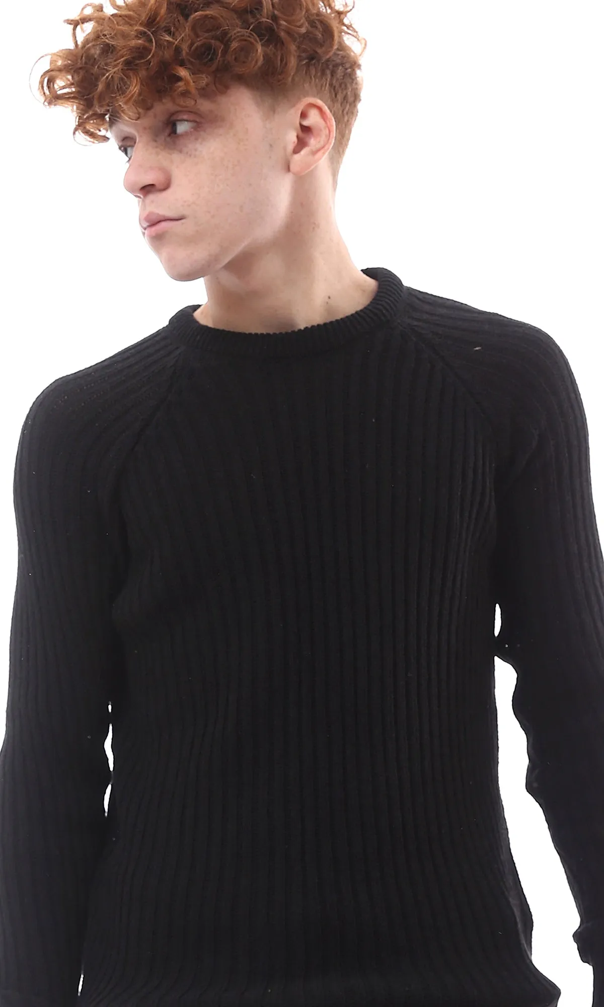 O174076 Ribbed Knit Crew Neck Black Long Pullover