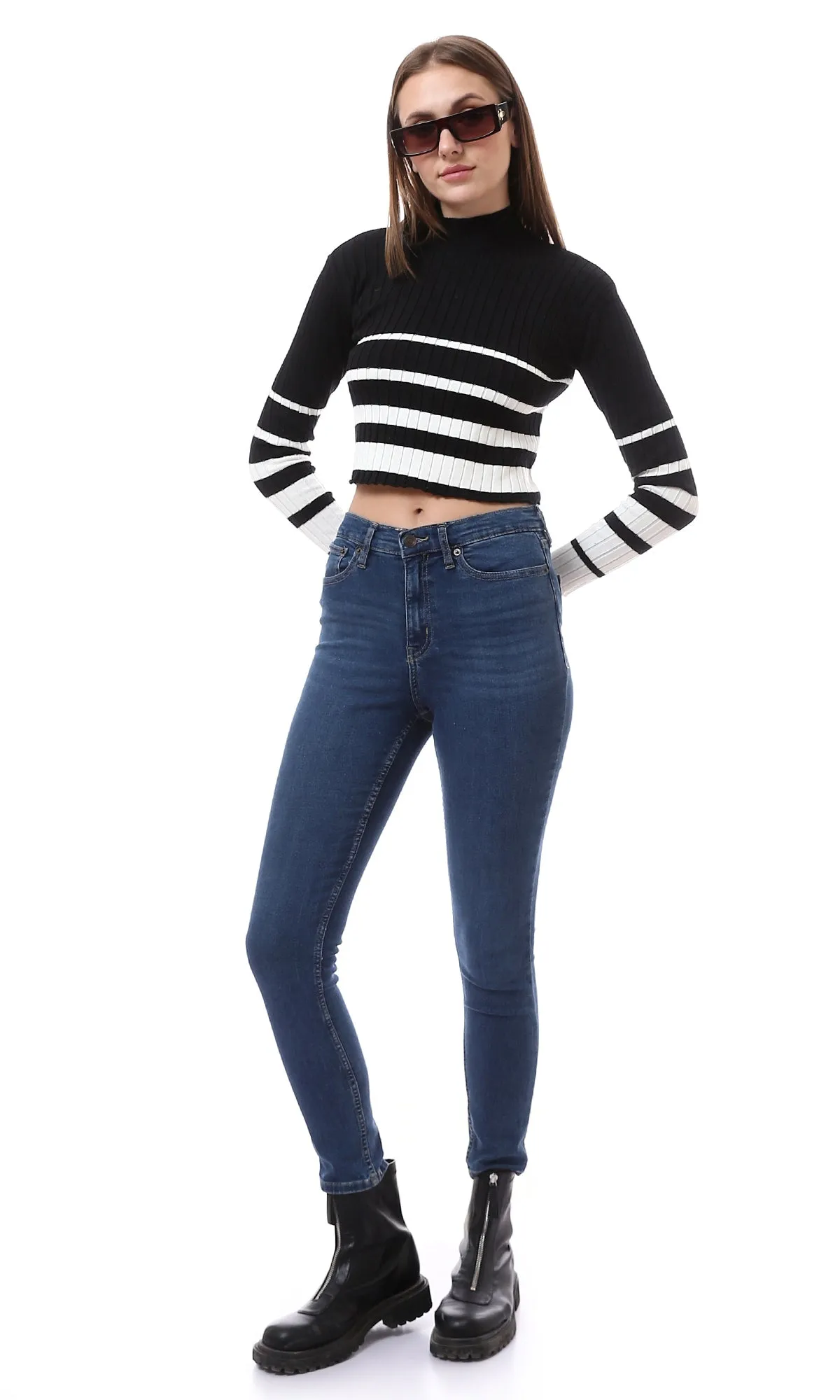 O174522 Black Soft Basic Pullover With White Stripes