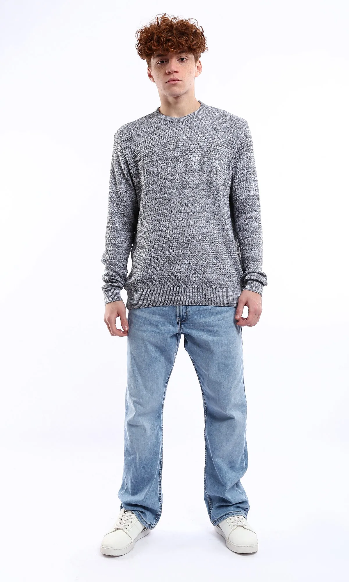 O175246 Round Neck Knitted Grey & White Pullover