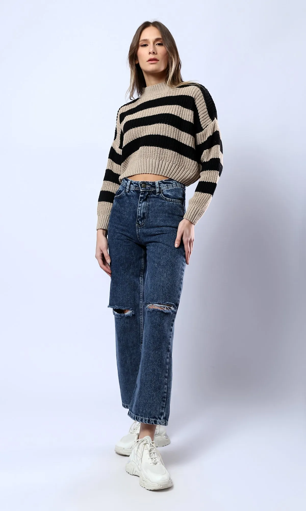 O175535 Striped Dark Beige & Black Pullover With High-Neck