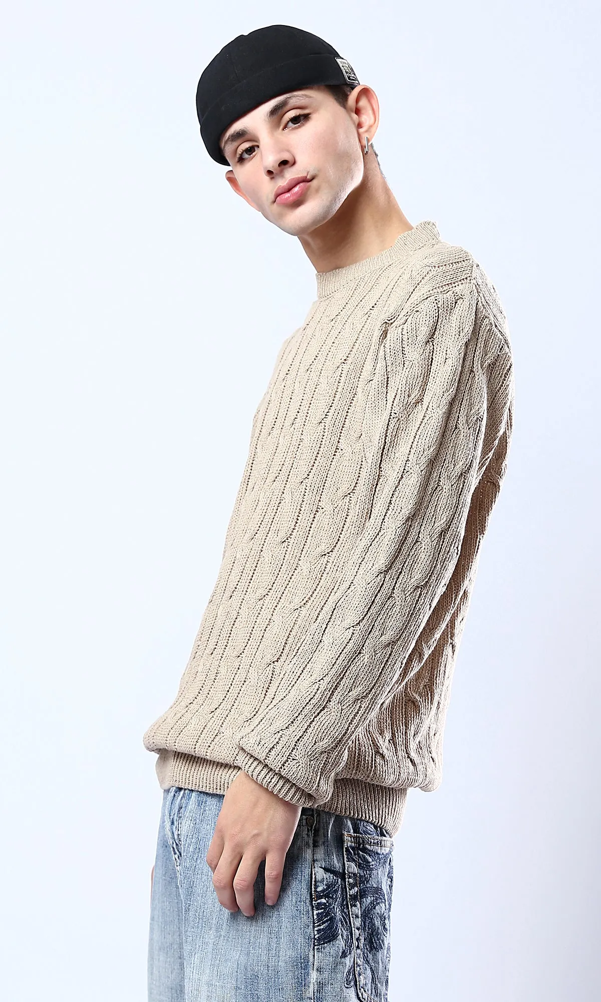 O175711 Round Neck Braided Knit Dark Beige Pullover