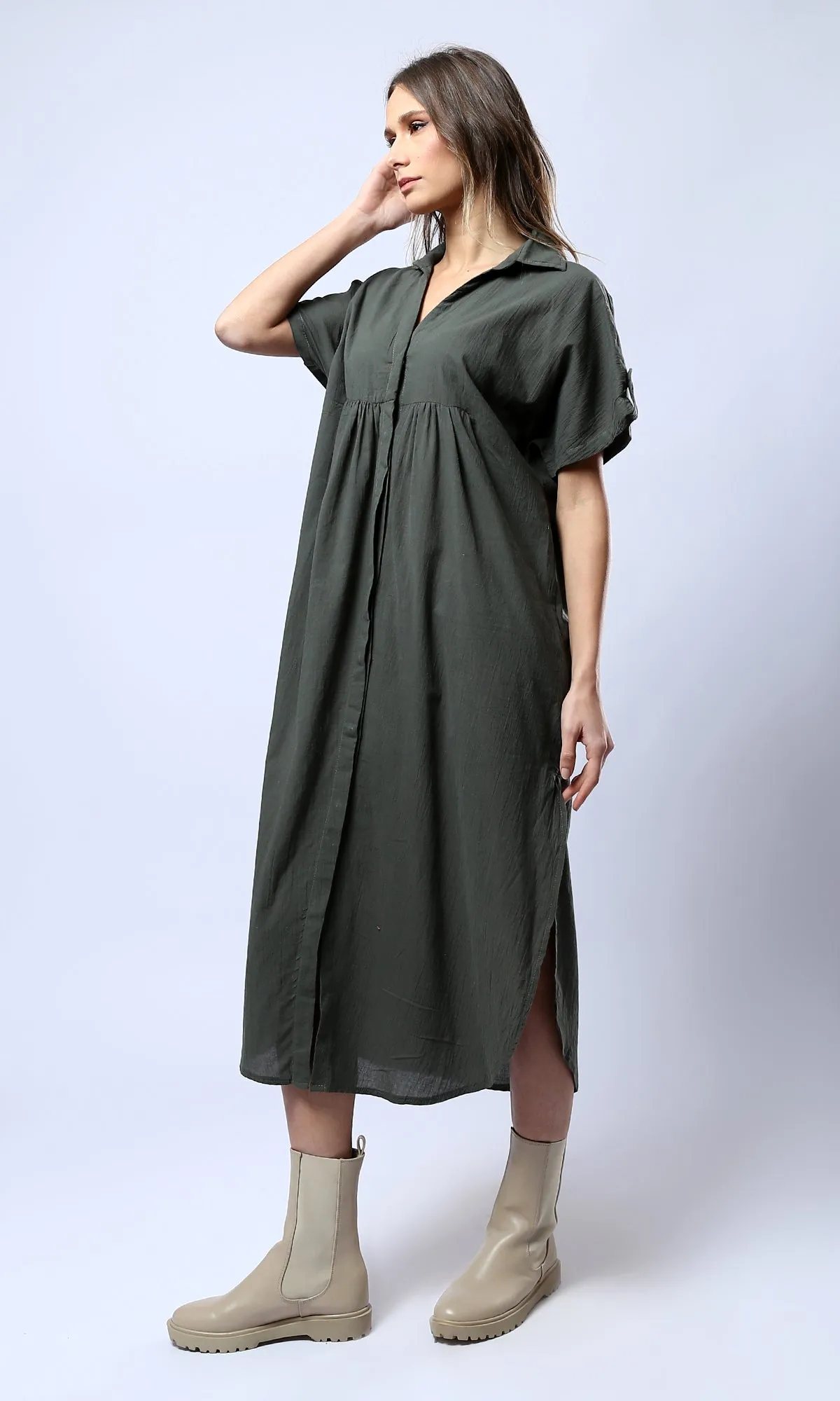 O178043 Open V-Neck Forest Green Summer Midi Dress