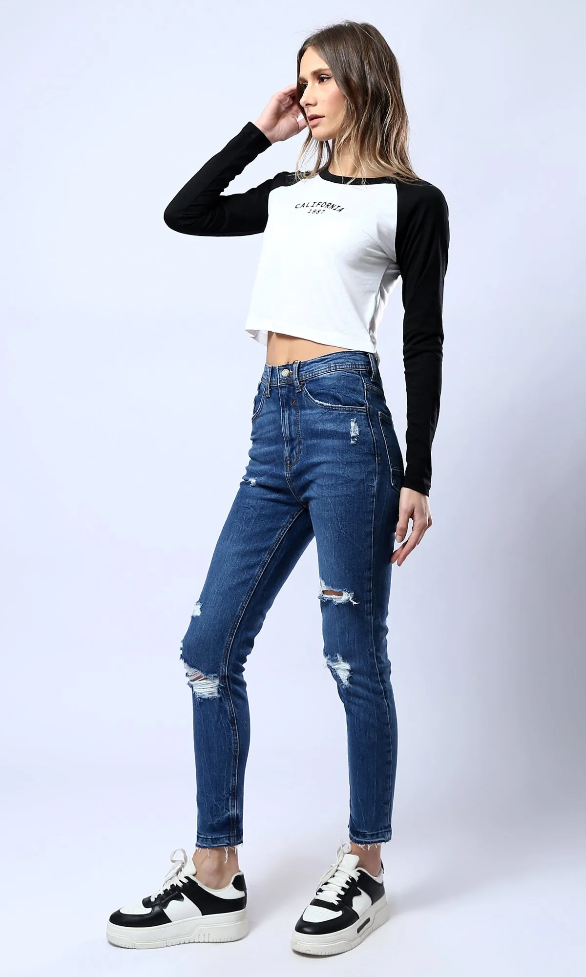 O182218 Cotton Dark Blue Jeans With Multi-Pockets