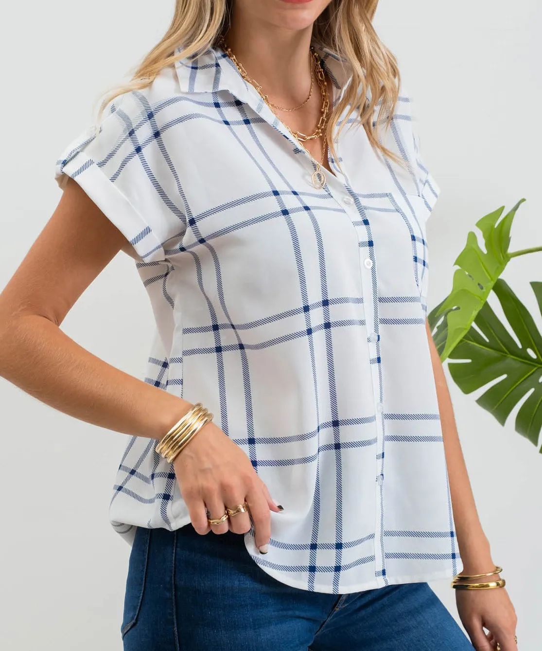 Plaid Short Fold Sleeve Button Down Shirt - Blue