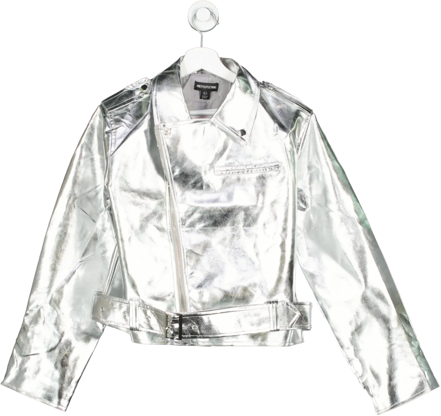 PrettyLittleThing Metallic Silver Biker Jacket UK 8