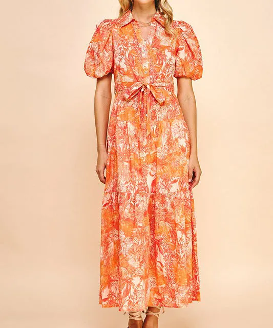 Printed Button Down Maxi Dress - Orange Multi