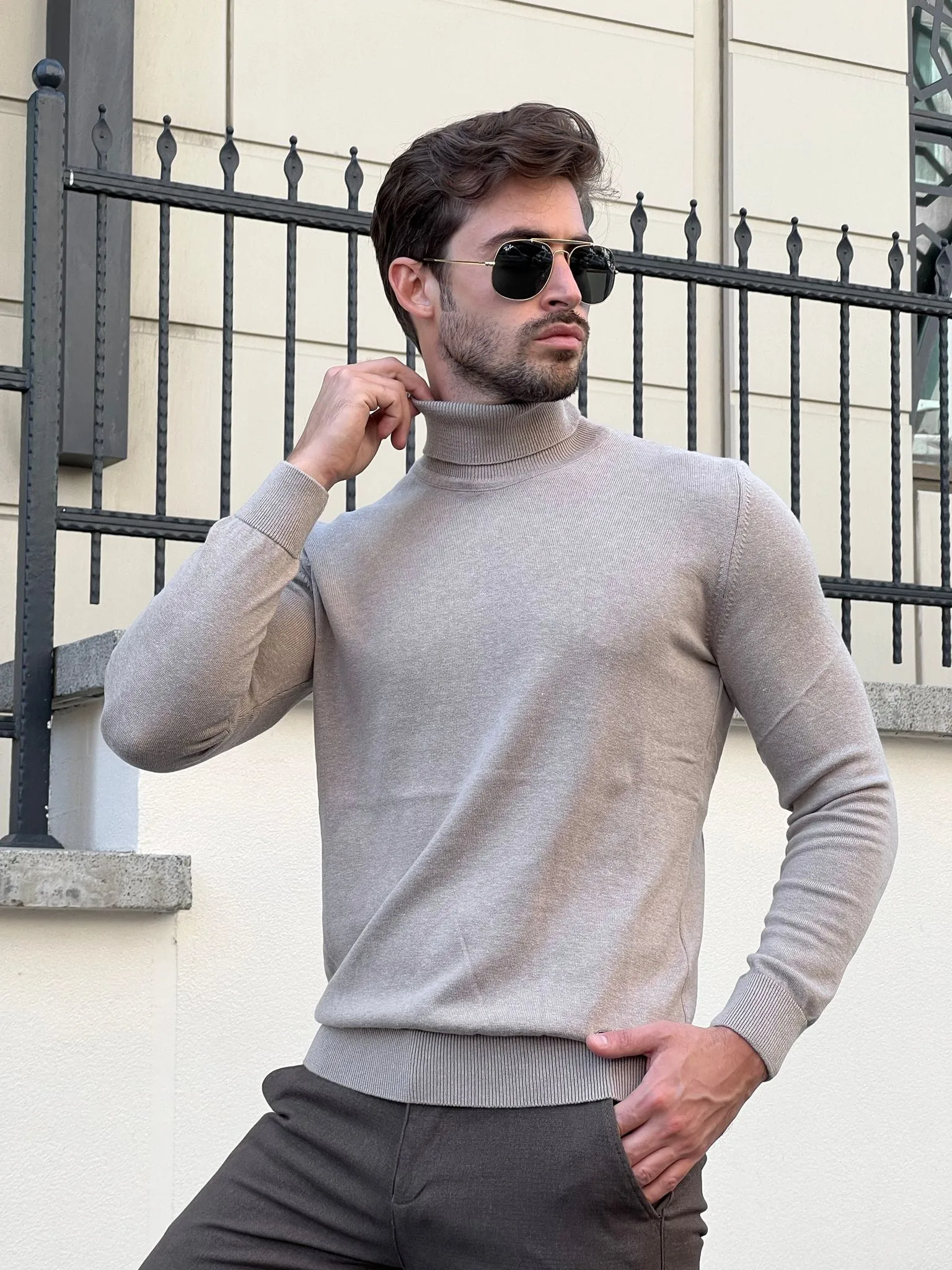 Slim Fit Beige Turtleneck Sweater