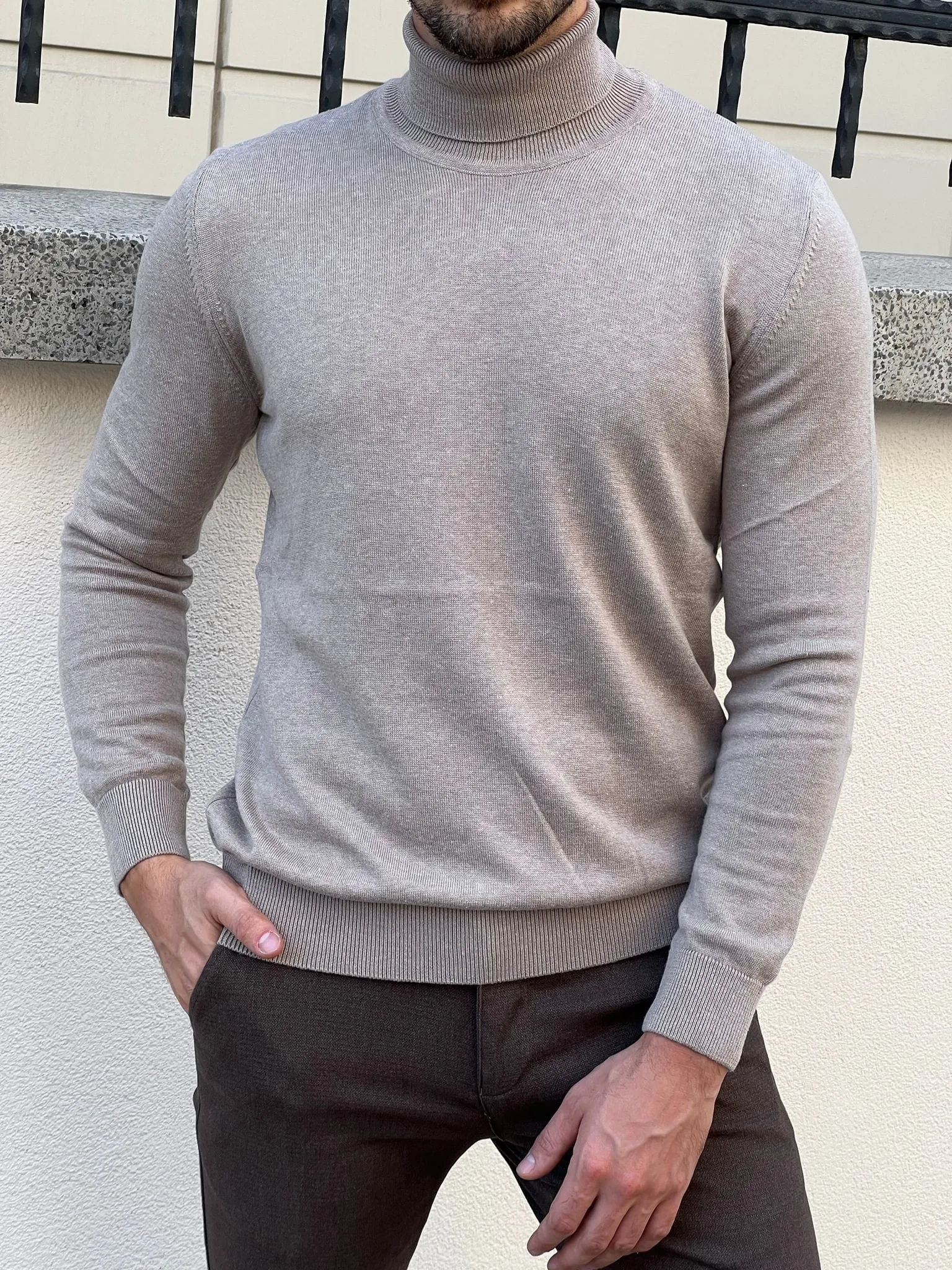 Slim Fit Beige Turtleneck Sweater