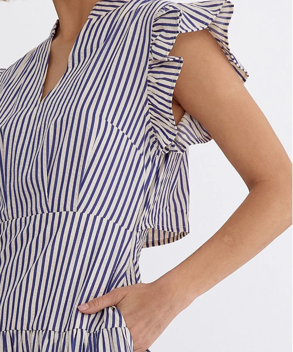 Stripe V-Neck Midi Dress - Blue - FINAL SALE