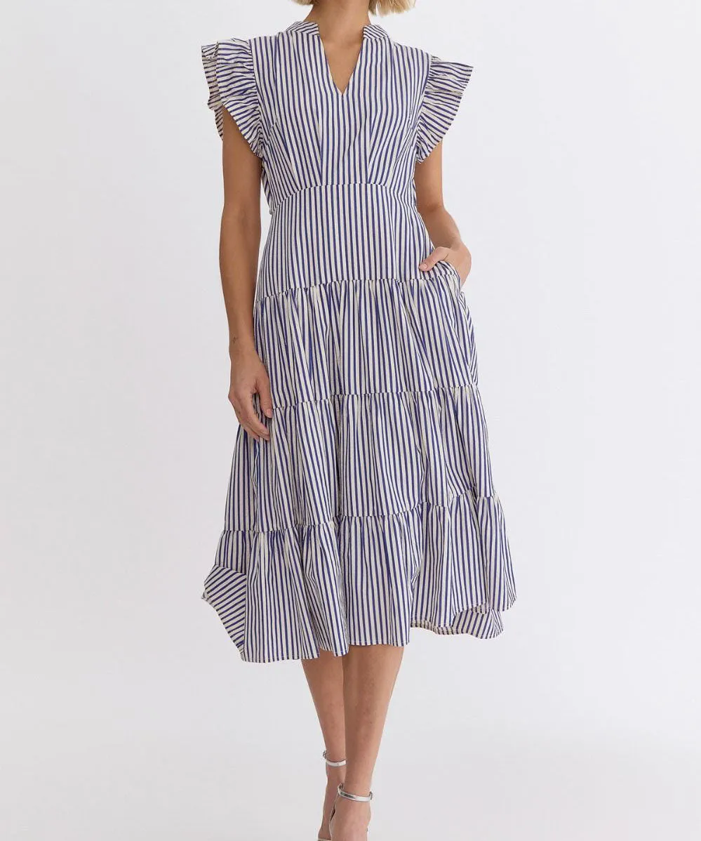 Stripe V-Neck Midi Dress - Blue - FINAL SALE