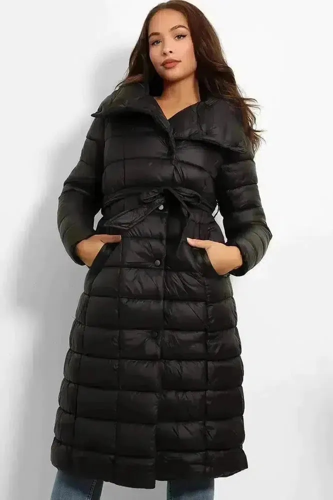 Super High Neck Waist Tie Quilted Midi Puffer Jacket