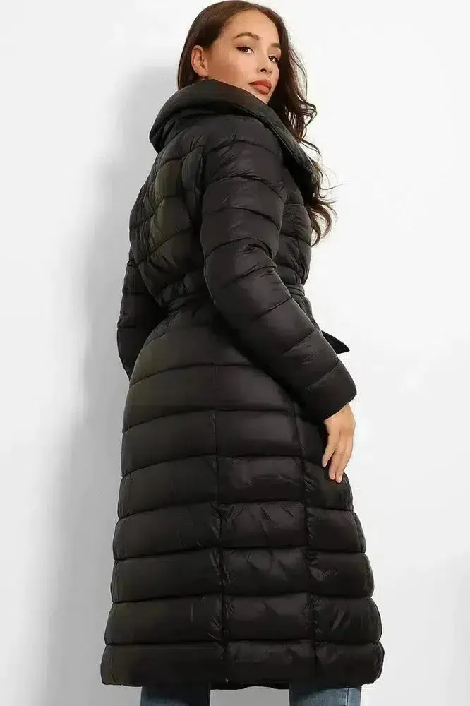 Super High Neck Waist Tie Quilted Midi Puffer Jacket