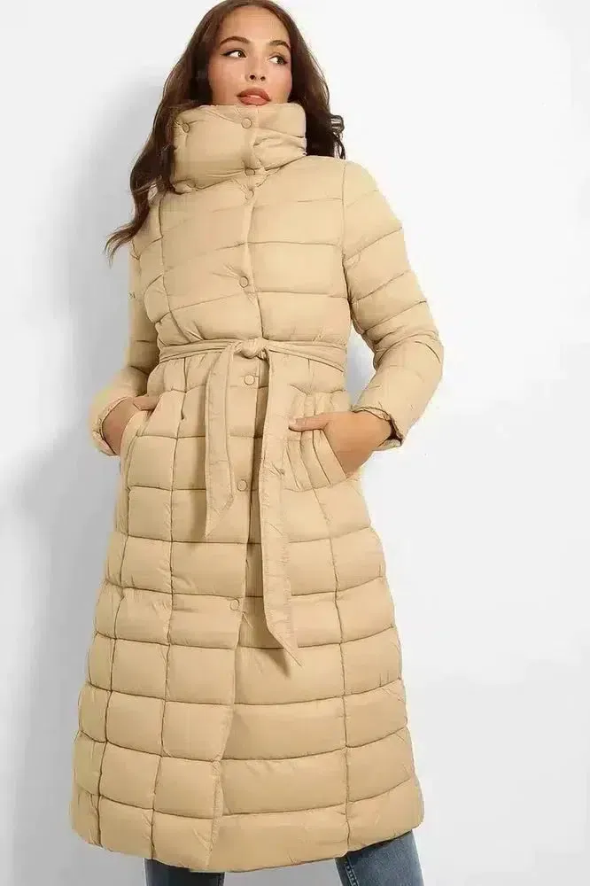 Super High Neck Waist Tie Quilted Midi Puffer Jacket