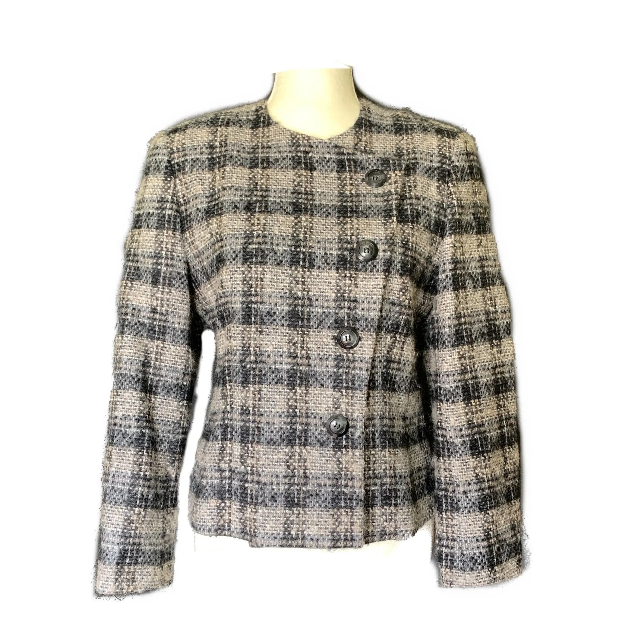 Vintage 1980s Wool  Blazer by Pendleton in a Black and Gray Plaid Check. Sustainable Fashion.