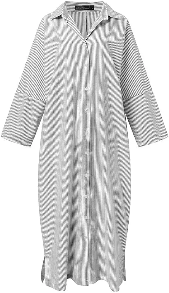 Women's Cotton Maxi Long Sleeve Button Down Loose Striped Kaftan Dress 39688