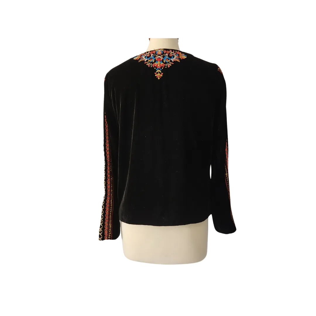 ZARA Black Velvet Multicolour Embroidered Open Jacket | Gently Used |